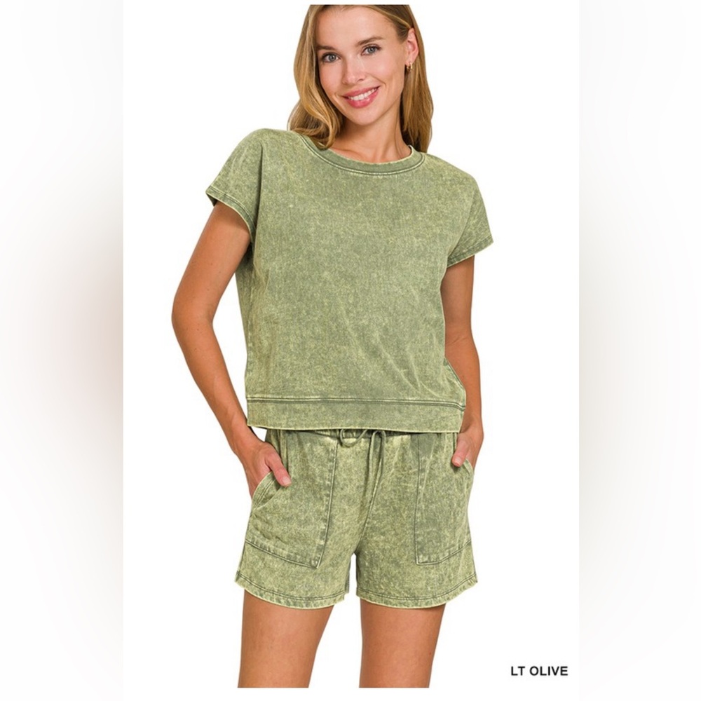 NWT! 2pc PREMIUM COTTON WASHED SLEEVELESS TOP &
SHORTS SET OLIVE GREEN